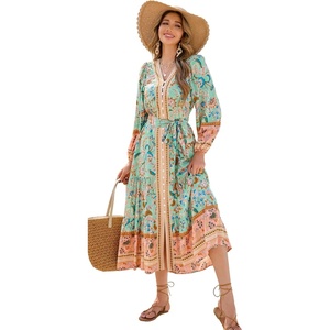 image:imageRVivimos Womens Long Sleeve Boho Midi Dress V Neck Floral Print Casual Button Down Loose Ruffle Beach Long Dress with BeltAqua