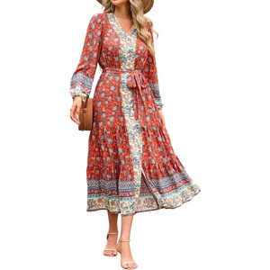image:imageRVivimos Womens Long Sleeve Boho Midi Dress V Neck Floral Print Casual Button Down Loose Ruffle Beach Long Dress with BeltAurorared