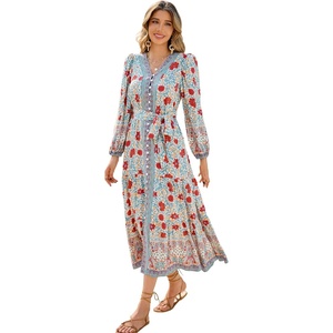 image:imageRVivimos Womens Long Sleeve Boho Midi Dress V Neck Floral Print Casual Button Down Loose Ruffle Beach Long Dress with BeltBeigeblue