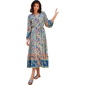 image:imageRVivimos Womens Long Sleeve Boho Midi Dress V Neck Floral Print Casual Button Down Loose Ruffle Beach Long Dress with BeltGreen