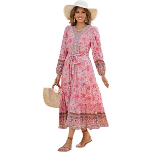 image:imageRVivimos Womens Long Sleeve Boho Midi Dress V Neck Floral Print Casual Button Down Loose Ruffle Beach Long Dress with BeltLight Pink