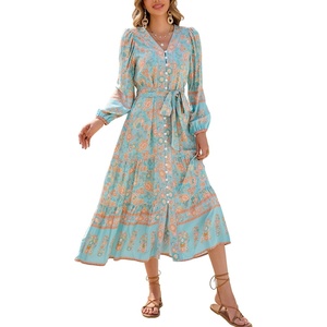 image:imageRVivimos Womens Long Sleeve Boho Midi Dress V Neck Floral Print Casual Button Down Loose Ruffle Beach Long Dress with BeltSky Blue
