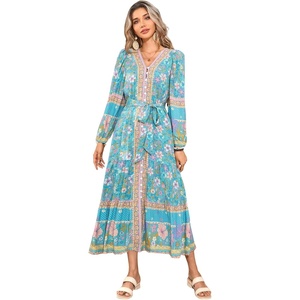 image:imageRVivimos Womens Long Sleeve Boho Midi Dress V Neck Floral Print Casual Button Down Loose Ruffle Beach Long Dress with BeltTeal