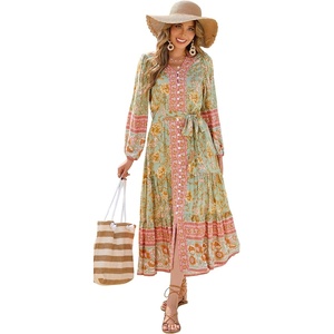 image:imageRVivimos Womens Long Sleeve Boho Midi Dress V Neck Floral Print Casual Button Down Loose Ruffle Beach Long Dress with BeltTender Green