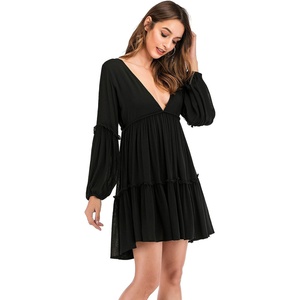 image:imageRVivimos Womens Long Sleeve Cotton Ruffles Deep V Neck Backless Casual Swing Mini DressesBlack