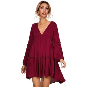 image:imageRVivimos Womens Long Sleeve Cotton Ruffles Deep V Neck Backless Casual Swing Mini DressesBurgundy