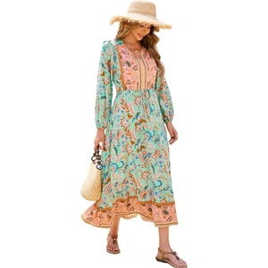 image:imageRVivimos Womens Long Sleeve Cotton VNeck Button Up Floral Print Boho Flowy Midi DressesAqua