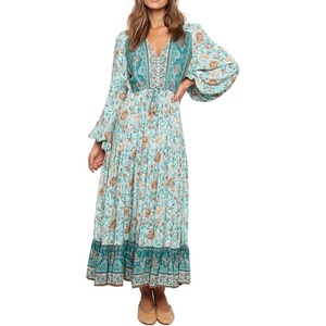 image:imageRVivimos Womens Long Sleeve Cotton VNeck Button Up Floral Print Boho Flowy Midi DressesGreen