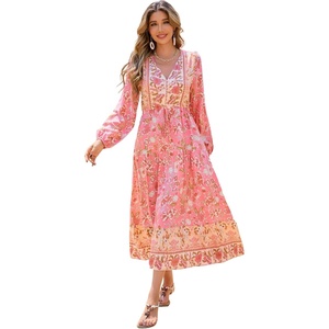 image:imageRVivimos Womens Long Sleeve Cotton VNeck Button Up Floral Print Boho Flowy Midi DressesLightpink
