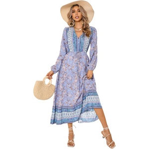 image:imageRVivimos Womens Long Sleeve Cotton VNeck Button Up Floral Print Boho Flowy Midi DressesPaleblue