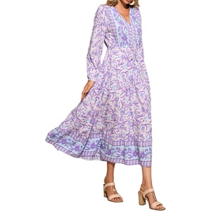 image:imageRVivimos Womens Long Sleeve Cotton VNeck Button Up Floral Print Boho Flowy Midi DressesPurple