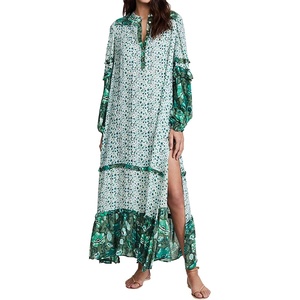 image:imageRVivimos Womens Long Sleeve Floral Print Bohemian Maxi Dresses with SlitGreen