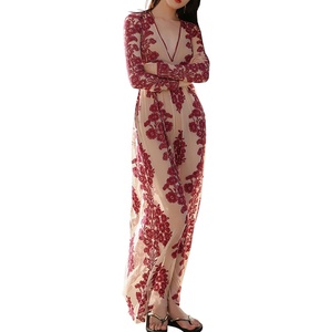 image:imageRVivimos Womens Long Sleeve V Neck Floral Embroidered Elegant ALine Maxi DressWine Red