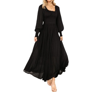 image:imageRVivimos Womens Puff Long Sleeve Maxi Dress Square Neck Elastic Empire Waist Swiss Dots Casual Flowy ALine Long DressesBlack