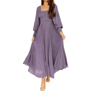 image:imageRVivimos Womens Puff Long Sleeve Maxi Dress Square Neck Elastic Empire Waist Swiss Dots Casual Flowy ALine Long DressesDark Violet