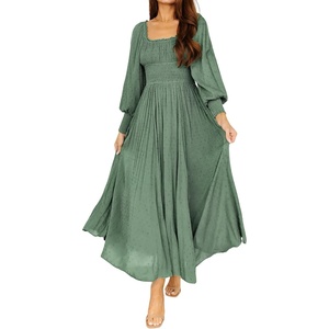 image:imageRVivimos Womens Puff Long Sleeve Maxi Dress Square Neck Elastic Empire Waist Swiss Dots Casual Flowy ALine Long DressesGreen