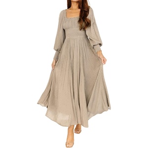 image:imageRVivimos Womens Puff Long Sleeve Maxi Dress Square Neck Elastic Empire Waist Swiss Dots Casual Flowy ALine Long DressesKhaki