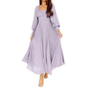 image:imageRVivimos Womens Puff Long Sleeve Maxi Dress Square Neck Elastic Empire Waist Swiss Dots Casual Flowy ALine Long DressesLightpurple
