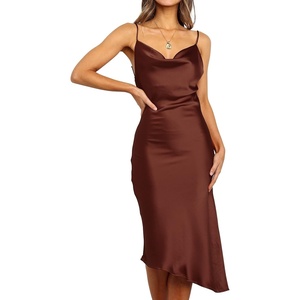 image:imageRVivimos Womens Satin Dress Spaghetti Straps Side Slit Cowl Neck Irregular Hem Midi DressRust