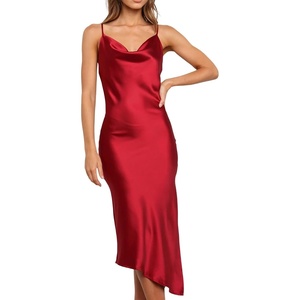 image:imageRVivimos Womens Satin Dress Spaghetti Straps Side Slit Cowl Neck Irregular Hem Midi DressWinered