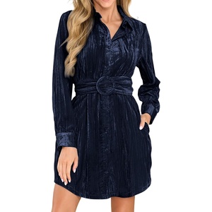 image:imageRVivimos Womens Shirt Dress Fall Velvet Button Down Long Sleeve Casual Mini Dress with BeltNavyblue