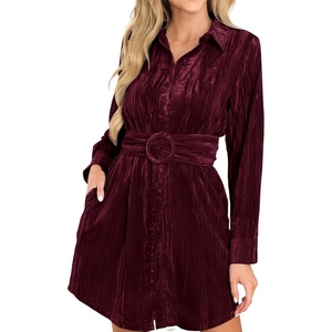 image:imageRVivimos Womens Shirt Dress Fall Velvet Button Down Long Sleeve Casual Mini Dress with BeltWinered