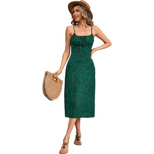 image:imageRVivimos Womens Summer Adjustable Spaghetti Strap Sundress Boho Floral Print Elastic Smocked Back Slim Fit Casual Midi DressDarkgreen