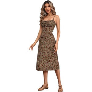 image:imageRVivimos Womens Summer Adjustable Spaghetti Strap Sundress Boho Floral Print Elastic Smocked Back Slim Fit Casual Midi DressDarkyellow