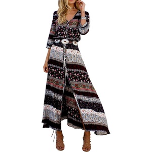 image:imageRVivimos Womens Summer Boho Button Up V Neck Floral Print Roll Up Causal Split Beach Midi DressesBrown