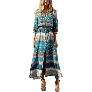 image:imageRVivimos Womens Summer Boho Button Up V Neck Floral Print Roll Up Causal Split Beach Midi DressesGreen