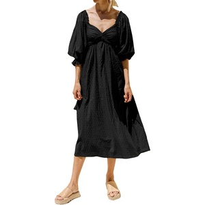 image:imageRVivimos Womens Summer Boho Cotton Puff Sleeve Dress Swiss Dots Lace Up Smocked Casual ALine Flowy Midi DressBlack