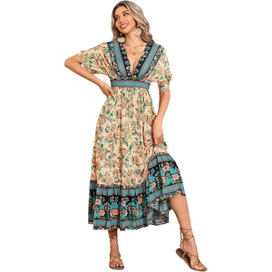 image:imageRVivimos Womens Summer Boho Floral Print Midi Dress Short Sleeve Deep V Neck Empire Waist Flowy Beach Dress with PocketsBeige