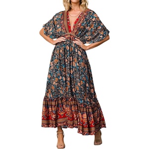 image:imageRVivimos Womens Summer Boho Floral Print Midi Dress Short Sleeve Deep V Neck Empire Waist Flowy Beach Dress with PocketsDarkblue