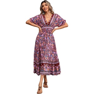 image:imageRVivimos Womens Summer Boho Floral Print Midi Dress Short Sleeve Deep V Neck Empire Waist Flowy Beach Dress with PocketsWinered