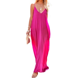 image:imageRVivimos Womens Summer Casual Adjustable Spaghetti Strap V Neck Boho Loose Fit Backless Maxi Dress with PocketsHotpink