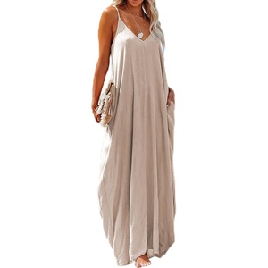 image:imageRVivimos Womens Summer Casual Adjustable Spaghetti Strap V Neck Boho Loose Fit Backless Maxi Dress with PocketsKhaki