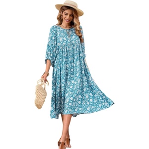 image:imageRVivimos Womens Summer Casual Midi Dress Lantern Sleeve Tie V Neck Boho Floral Print Loose Fit Flowy Long DressesLightblue