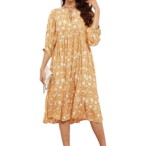 image:imageRVivimos Womens Summer Casual Midi Dress Lantern Sleeve Tie V Neck Boho Floral Print Loose Fit Flowy Long DressesYellow