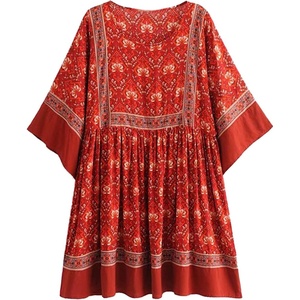 image:imageRVivimos Womens Summer Cotton Half Sleeve Casual Loose Bohemian Floral Tunic DressesRed