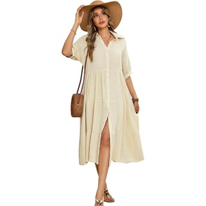 image:imageRVivimos Womens Summer Cotton Half Sleeves Button Down Casual Loose Slit Midi Dress with PocketsBeige