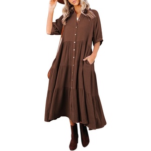 image:imageRVivimos Womens Summer Cotton Half Sleeves Button Down Casual Loose Slit Midi Dress with PocketsBrown