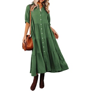 image:imageRVivimos Womens Summer Cotton Half Sleeves Button Down Casual Loose Slit Midi Dress with PocketsDarkgreen