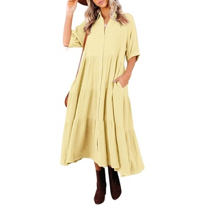 image:imageRVivimos Womens Summer Cotton Half Sleeves Button Down Casual Loose Slit Midi Dress with PocketsLight Yellow