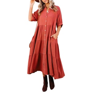image:imageRVivimos Womens Summer Cotton Half Sleeves Button Down Casual Loose Slit Midi Dress with PocketsOrange