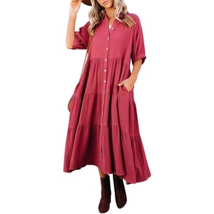 image:imageRVivimos Womens Summer Cotton Half Sleeves Button Down Casual Loose Slit Midi Dress with PocketsRustred