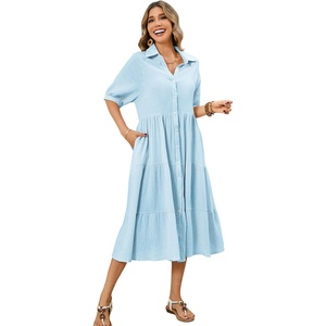 image:imageRVivimos Womens Summer Cotton Half Sleeves Button Down Casual Loose Slit Midi Dress with PocketsSkyblue