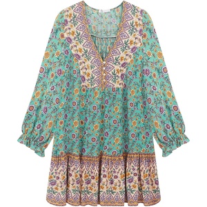 image:imageRVivimos Womens Summer Cotton Long Sleeves Casual Boho VNeck Buttons Floral Print Mini Tunic DressGreen