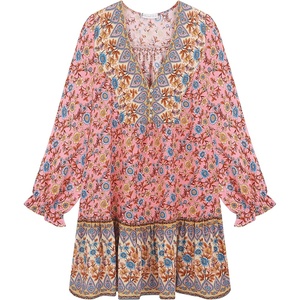 image:imageRVivimos Womens Summer Cotton Long Sleeves Casual Boho VNeck Buttons Floral Print Mini Tunic DressPink