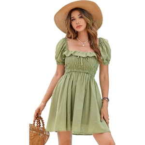 image:imageRVivimos Womens Summer Cotton Short Sleeve Square Neck Elastic Smocked Ruffle Floral Print Swing Mini DressArmy Green