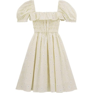 image:imageRVivimos Womens Summer Cotton Short Sleeve Square Neck Elastic Smocked Ruffle Floral Print Swing Mini DressBeige